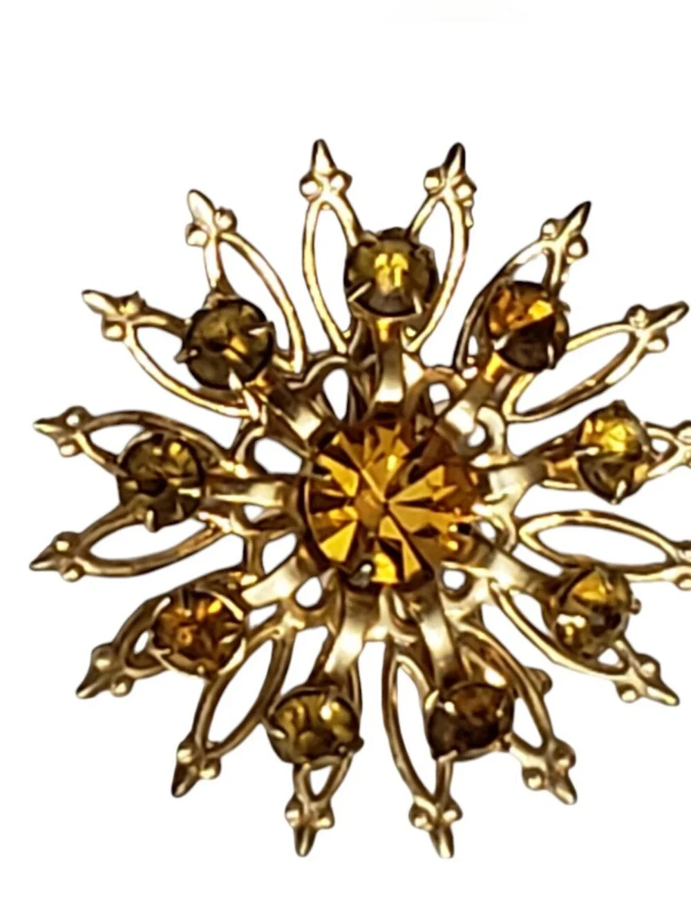 Vintage Coro Sunburst Brooch Pin Amber Gold Tone